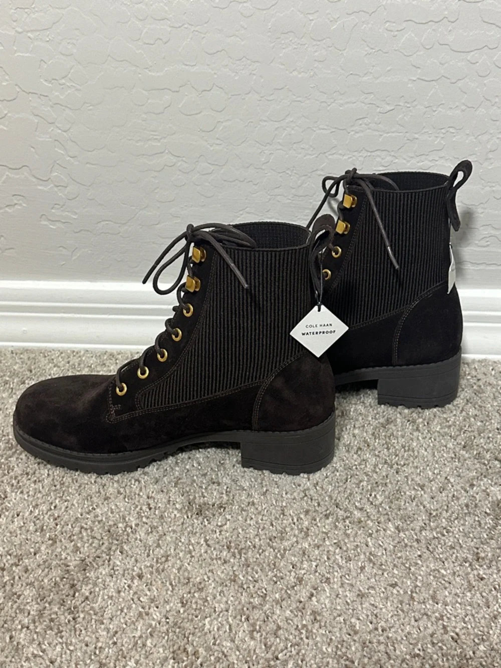 Cole Haan NEW Chocolate Brown Suede Waterproof Lace Up Combat Boots Size 8.5